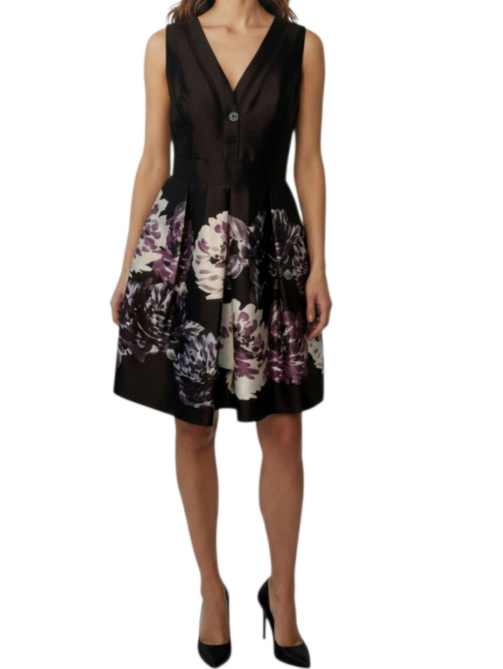 Kay Unger Fit And Flare Cocktail Dress Size 16 Black Purple Floral Wedding Guest